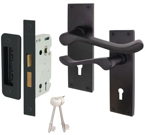 EAI Black Victorian Scroll Door Handle With Lock Set - Matt Black Internal Lever Handles on Backplate With Sash Lock (64mm) & Keys