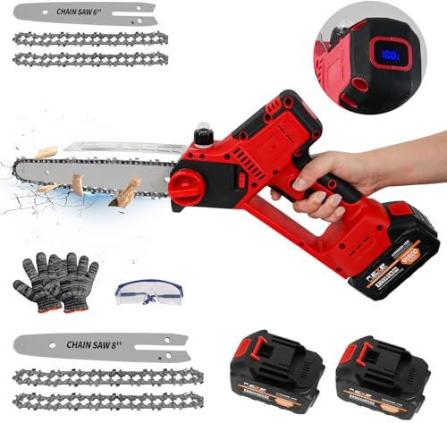 Mini tronçonneuse électrique 2 en 1 sans fil de 20,3 cm et 15,2 cm, sans balais avec 2 batteries de 4,0 Ah, affichage de puissance LED, avec système d'huile, tronçonneuse manuelle pour coupe de jardin