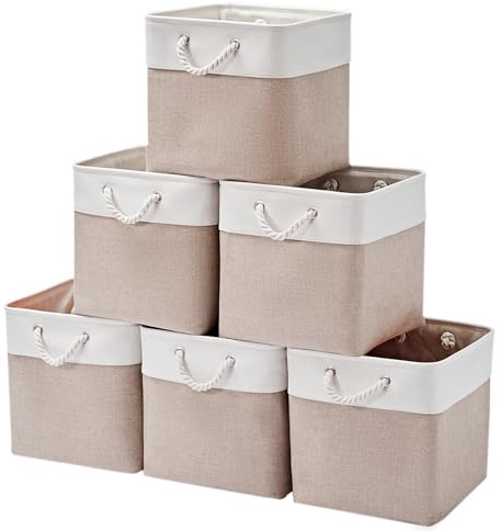 ICEMOR 30.5 x 30.5 x 30.5 cm Cube Storage Boxes, 6 Pack Large Collapsible Fabric Storage Bin with Ropes, Foldable Cube Baskets for Kallax, Office,Closet, Clothes, Toys Organizer (White & Beige)