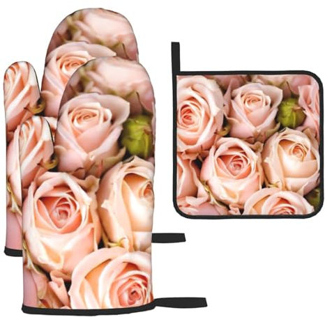 Set di 3 guanti da forno e presine con rose rosa, resistenti al calore, regalo per cucinare