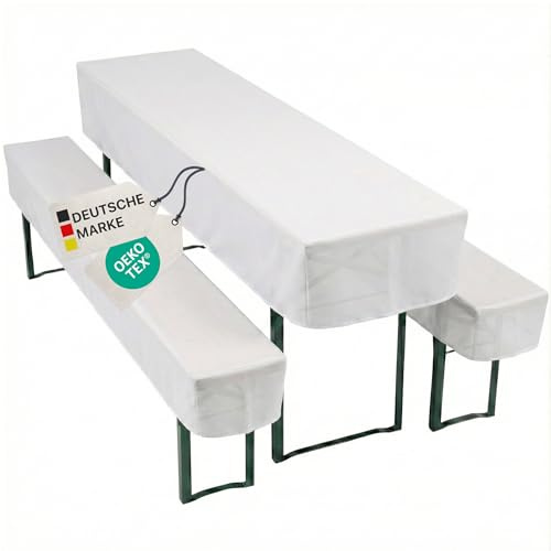 NYVI Biertischhussen Set NYVIGala Weiß - 3-teiliges Hussen-Set für Bierzeltgarnitur - Tischhusse für 50x220 cm Biertische & 2 Bierbankhussen für 220x25 cm Sitzbänke - Waschbar, Oeko-TEX 100