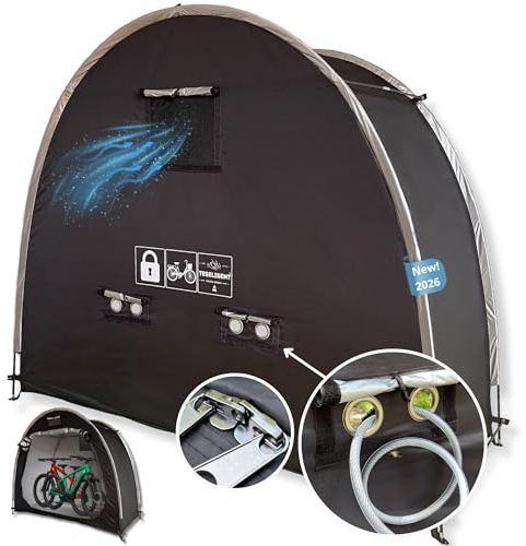 Diebstahlsichere Fahrradgarage für 2 Fahrräder oder 1 E-Bike, Gerätehaus, Gartenhaus, wasserdicht | 3-Fach Sicherheit | Abschließbarer, robuster Reißverschluss + hintere Sicherheitsösen | Schlitten