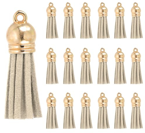 PATIKIL 100 Stück 38x10mm Hellkhaki Gold Leder Quasten Anhänger | Mit Metallkappen, Für Handtaschen Taschenanhänger Handykette Ohrringe Halskette Schlüsselanhänger Basteln Schmuckherstellung