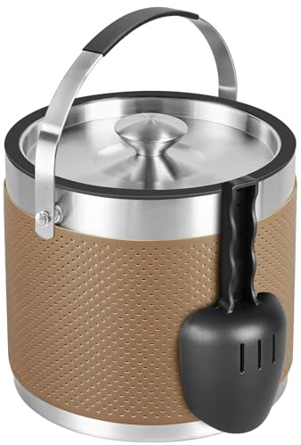3.2L Eiswürfelbehälter mit Deckel und Schaufel, Edelstahl Eiskübel | Doppelwandiger Isolierter Eisbehälter für Cocktailbar und Party (Braun)