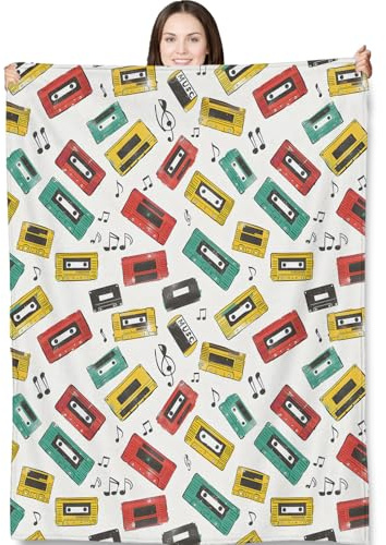 Retro Cassette Tape Throw Blanket for Adults Kids, 50x60 in, Colorful Vintage Music Theme Flannel Blankets for Bedroom, Couch, Travel, Home Decor, Fuzzy Soft Cozy Warm Gifts