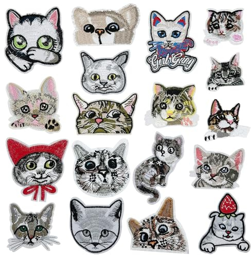 Attuslla 18 Stück Katze Flicken Patches, Patches zum Aufbügeln für Jeans Jacken Kleidung Rucksack Mütze DIY Handarbeit Nähen