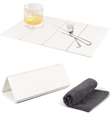 Alfombrilla Escurreplatos de Diatomita, 60x40cm Alfombra de Secado de Piedra Plegable con Toalla, Escurridor de Platos Absorbente Piedra, Secado Rápido, para Fregadero y Cocina Bano Encimera, Blanco