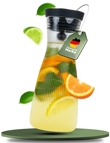 CLIDOR Wasserkaraffe mit Deckel - 1 L, edles Klarglas Design, Tropffreie Glaskaraffe mit Deckel, Eleganter Wasserkrug mit feiner Filterung, Ideal für Fruchtwasser, Säfte, Infused Water (1000ml)