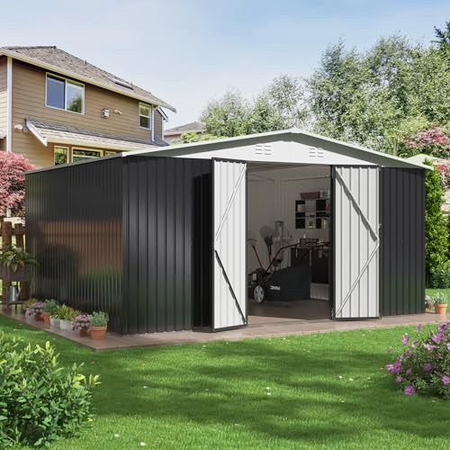 Polar Aurora 12x14 FT Outdoor Storage Shed, Garden Shed with Updated Frame Structure and Lockable Doors, Metal Tool Sheds for Backyard Garden Patio Lawn, White