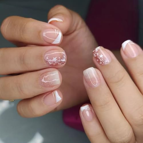 24 Pièces Carrés Faux Ongles Court, Nude Rose Français Press on Nails Couverture Complète Ongles à Coller avec Dessin, Acrylique Faux Ongles Autocollants pour Femme et Fille