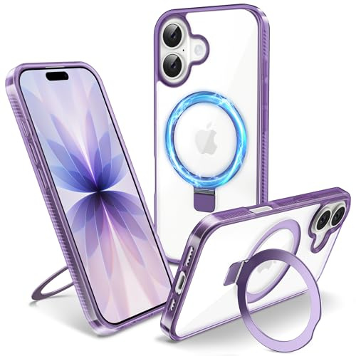 Flyzoo Magnetic Kickstand Case for iPhone 17, [Compatible with MagSafe & Invisible Ring Stand Holder] [Non-Yellowing & Shockproof] Clear Transparent Hard Silicone Edge Cover, 6.3'', Clear Purple