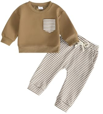 UUAISSO Completi per Neonati Completi con Felpe a Righe a Maniche Lunghe Top e Pantaloni a Nido d'ape Bambino Autunnali marrone 12-18 mesi