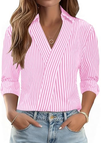 LOMON Shirts for Women Three Quarter Sleeve Tops 2026 Trendy Business Casual Work Clothes Beach Vacation Outfits (Pink White Stripe,S)