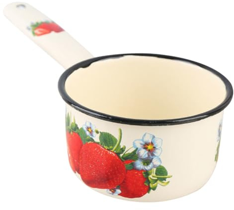 DEARMAMY Pentolino Smaltato Multifunzionale con Manico lungo Protezione Termica Scaldabiberon e Mestolo Acqua Leggero e Portatile per Cucina Induzione Gas ed Elettrico Fragola Vintage