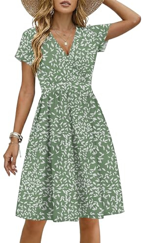 WNEEDU Summer Dresses for Women UK Short Sleeve V Neck Empire Waist Floral Wrap Dress Festival with Pockets