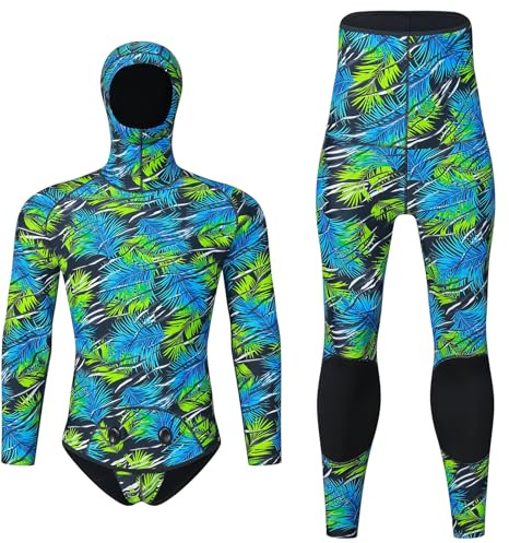 MIAOLLUN Traje De Buceo De Neopreno para Hombres con Camuflaje, 3 Mm, 2 Piezas, Mangas Largas Y Capucha, Súper Elástico, para Pesca con Arpón, Buceo Libre, Snorkel, Caza Y Buceo,Feather Green,XL