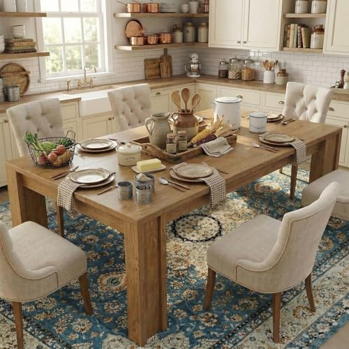 CABIHOME 71 Long Dining Table for 6-8, Rectangular Farmhouse Kitchen Dining Room Table w/Wider H Legs & Wooden Tabletop, Sturdy Frame, Wood Strip Base, for Apartment, Kitchen, Dining, Natural