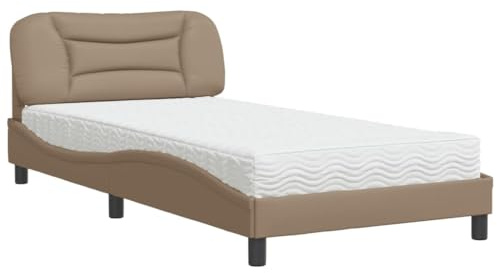 Foknhdi Letto con materasso Hvar 100 x 200 cm Cappuccino Marrone Ecopelle Moderno Onde Design Robusto Telaio Letto Materasso in Schiuma Confortevole H2/H3 per Camera da Letto Camera degli Ospiti