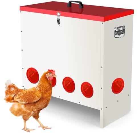 Comedero automático para pollos de 45,2 kg, gran volumen | Con 10 comederos, reduce la pérdida de comida, para pollos, patos y gansos