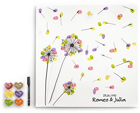 codiarts. Leinwand für Hochzeit, Jubiläum, Familienfeier, als Gästebuch inkl. Stempelkissen für Fingerabdruck und Stift - Motiv Pusteblume - 50x50cm, Made in Germany