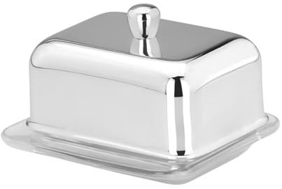 Butterdose klein für 1/4 Pfund Butter (125 g) - eckige Butterglocke 10 × 9 cm mit Edelstahl-Deckel & Glas-Untersetzer - Mini Butterbehälter für Frühstück, Brunch, Tischkultur & Hotellerie