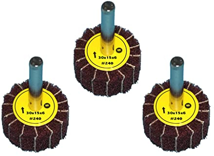 3 Stück Fächerschleifer mit Vlies-Gewebekombination 30mmx15mm, 6mm Einspannschaft, Körnung: 240 - Schleifmopstift, Lamellenschleifer, Schleifmop Schleifvlies, Lamellenrad mit Schaft.