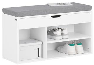SoBuy Shoe Storage Bench 80cm Wide with Padded Seat for Hallway | Flip Top Shoe Rack with 3 Open Compartments Wooden Entryway Bench for Entryway, Load 120kg, White, 80x30x46cm, FSR45-HG