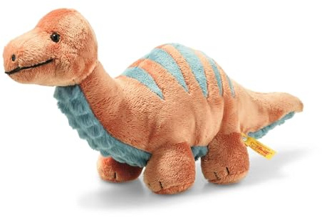 Steiff 087837 - Original Plüschtier Bronko Brontosaurus, Soft Cuddly Friends Kuscheltier ca. 28 cm, Markenplüsch mit Knopf im Ohr, Schmusefreund für Babys 0m+, dunkelorange-Petrol
