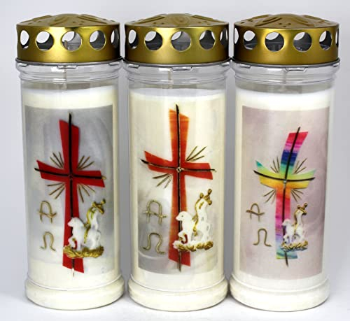 3 Grablichter, Grabkerzen Motiv Ostern, 3er Set- 21x7,5 cm - 3924 - ca. 7 Tage Brenndauer je Grablicht – Trauerkerze mit Motiv Kreuz und Osterlamm - Motivkerze - Gedenkkerze