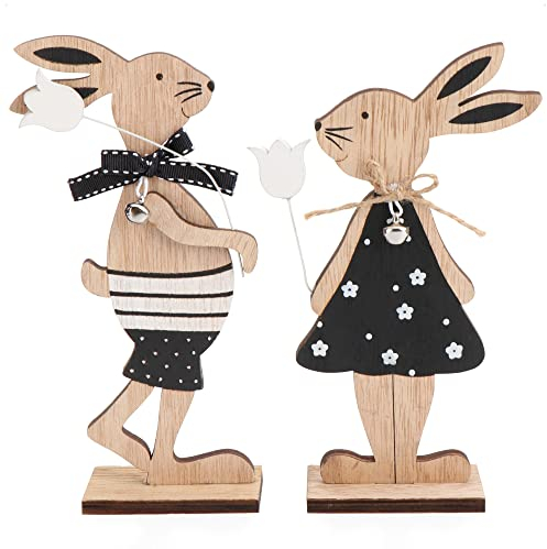 com-four® 2X Deko Aufsteller für Ostern - Osterhasen-Paar mit Blume - Zwei Osterhasen zum Hinstellen - Osterdekoration aus Holz (2 Stück - schwarz/weiß)