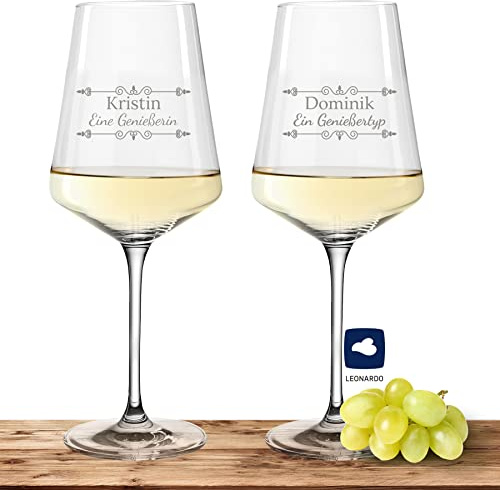 2X Leonardo Weißweinglas mit Namen oder Wunschtext graviert - PUCCINI - große 560ml Gläser - personalisierte Weingläser im Set als Geschenkidee für Paare, Eltern oder Hochzeit Motiv (Verzierung 01)