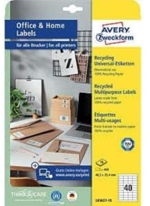AVERY Zweckform LR3657-10 Recycling Etiketten (400 Klebeetiketten, 48,5x25,4mm auf A4, 100% recyceltes Altpapier, individuell bedruckbar, selbstklebende Aufkleber) 10 Blatt, naturweiß
