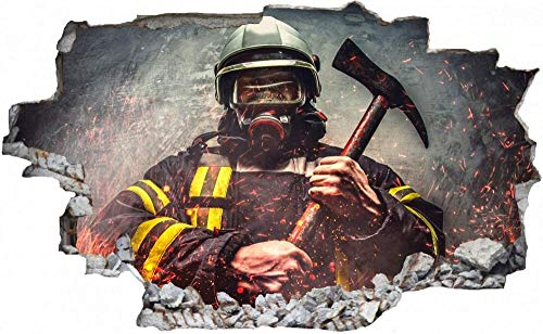 Sticker mural - Les pompiers hache le pompier - Effet 3D avec mur de briques en trompe-l’œil 70x110cm