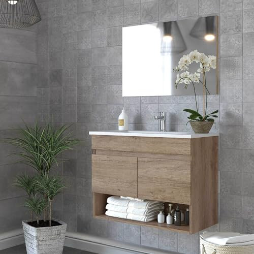 Inbagno Mobile bagno sospeso 80 cm, 2 ante e vano a giorno serie Oasi, colore rovere con venatura naturale, COMPLETO di lavabo in ceramica e specchiera
