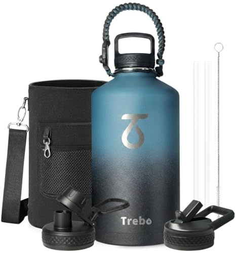Trebo 3.8 L Water Bottle Insulated with Paracord Handle,One Gallon Food-Grade Double Wall Vacuum Stainless Steel Insulated Jug with Straw Spout Handle Lids, Leakproof Keep Cold & Hot, Indigo Black