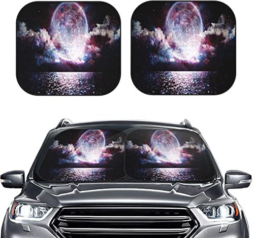 Sonnenschutz Auto Frontscheibe Schwarze Faltbar Motiv Nachthimmel Meer Mond Auto Zubehör Sonnenschutz 2-teilig 74x60cm mit Aufbewahrungstasche Auto Sonnenschutz Auto Scheibenabdeckung Sommer