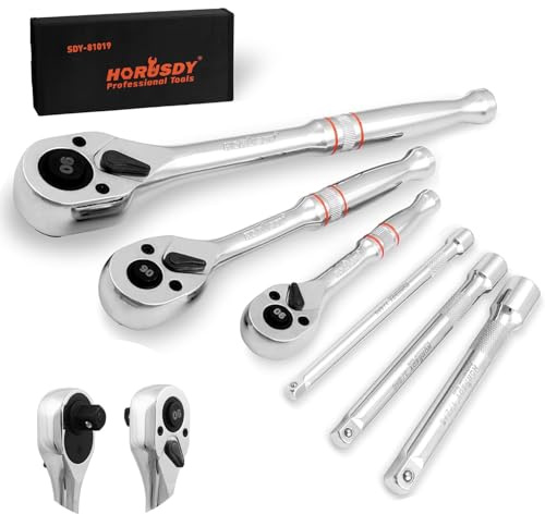 HORUSDY 3-Piece Ratchet Set, 1/4” 3/8”, 1/2 Drive Ratchet Handle Set, 90-Tooth,CR-V, Quick Release Ratchets
