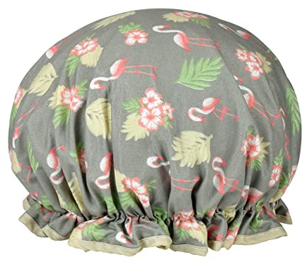 1 Packung Duschhaube für Frauen, öldichte Kappen, doppellagig, wasserdicht, wiederverwendbar, Badekappen mit gerüschtem Rand, für Mädchen, Frauen, Damen, Kinder (grauer Flamingo)