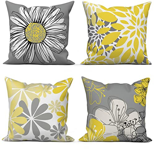 ASDCXZ Gelb Kissenbezug 40x40 cm 4er Set, Nordeuropa Modern Blumen Gelb Grau Sofa Dekokissen Kissenbezüge Kissenhülle Waschbar Polyester Leinen Textil Polster Kopfkissenbezug Kissen Bezug