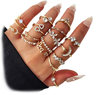 17IF 16 Pcs Gold Boho Sparkle Knuckle Rings Set for Women, Vintage Fashion Aesthetic Trendy Love Ring Pack, Retro Rhinestone Assorted Moon Star Crystal Flower Leaf Diamond Jewelry