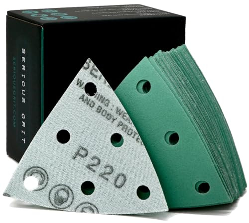 Serious Grit - 93mm 6-Hole P220 Grit Triangle Sanding Sheets - 50 Pack Box | Fits Festool RO 90 Rotex Delta Sanders - Heavy-Duty Hook & Loop Wet/Dry Film Sandpaper for Detail, Wood, Paint & More