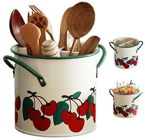 Jorzer Porta di utensili da cucina Caddy utensile dipinti di ciliegia vintage con divisore staccabile e foro di scarico 4 organizzatore di utensili in ferro scompartimento per accessorio da cucina