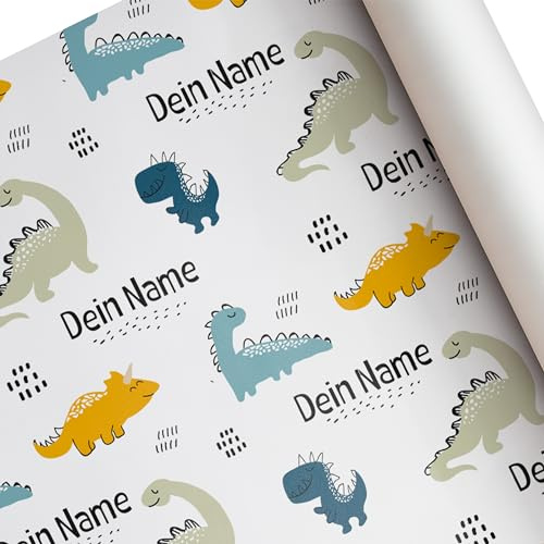 Geschenkpapier Kinder – Motiv: Dinosaurier personalisiert mit Namen – für Geschenke zu Geburtstag oder Weihnachten – Rolle: 47 cm breit, 3 m lang – Geschenkpapier bedrucken für Mädchen und Jungen