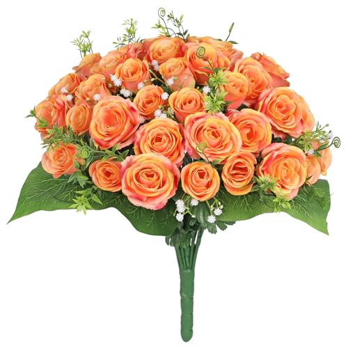 Briful Gedenktags-Blumen für Friedhof, 36 Stiele, realistische gemischte orangefarbene Rosen, künstliche Blumen, Blumenstrauß, Friedhofsblumen für Grab, 47,8 cm, Trauerseide, Friedhofsblumen