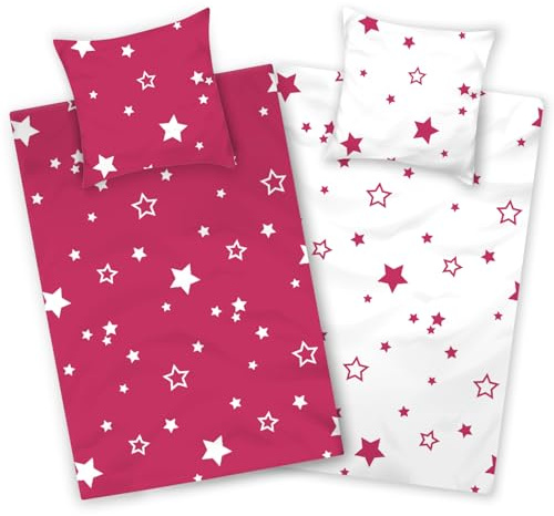 Aminata kids Bettwäsche 135x200 Baumwolle Sterne pink weiß Stern-Motiv Mädchen Wendebettwäsche mit Reißverschluss
