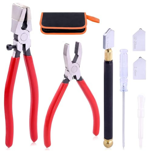 Professionelles Glasschneider Set - Profi Glasbrech- und Fugenzange Pliers mit Handschneider, 2x Ersatzschneidkopf, Stoffbeutel, Geeignet für dickes Glas Mosaik Fliesen Spiegel Akkurate Schnitte