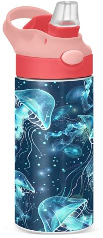 Sevdomey Bouteille d'eau phosphorescente pour enfants filles et garçons, bouteille d'eau isotherme anti-fuite en acier inoxydable de 350 ml avec paille pour école, crèche, voyage, sport
