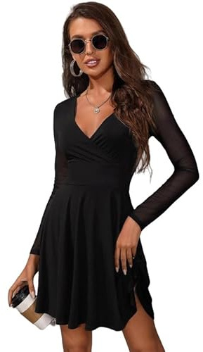 Haibang Robe de Soirée Femme Sexy Moulante en Maille à Manches Longues et Col en V Plissée Mini Élégante Bodycon Dress Chic et Glamour pour Cocktail Party Fête Club Bal