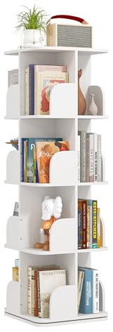 yeshine 4 Tier Rotating Bookshelf, Adjustable Tiers Square Revolving Bookcase, 360° Swivel Corner Bookshelf, White Bookcase, 40 x 40 x 128.5 cm