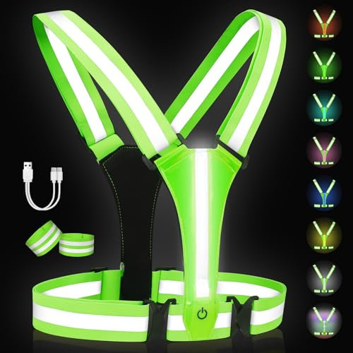 Adiwo LED Gilet Catarifrangente Running, 1Luce Super Luminosa Ricaricabile USB 2 Braccialetto Riflettenteper Camminate/Ciclismo/Jogging Notturni, Regolabile per Uomini e Donne Verde